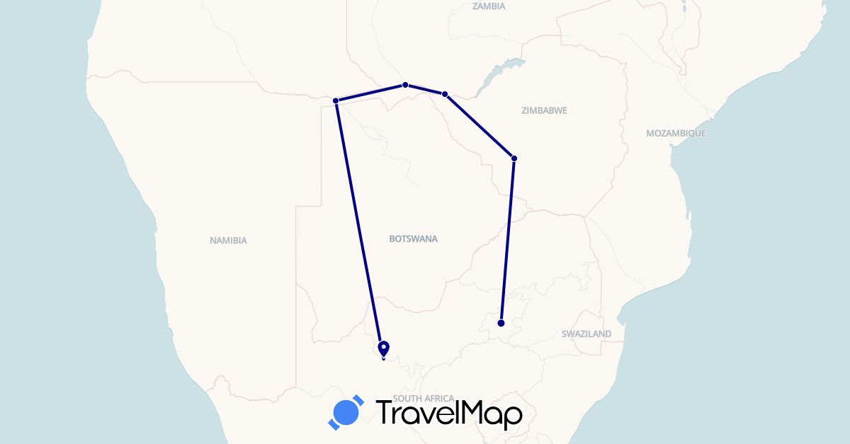TravelMap itinerary: driving in Namibia, South Africa, Zambia, Zimbabwe (Africa)